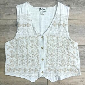 Vintage Women's Vest Linen Blend Embroidered V-Neck Sleeveless Scandi Girl Boho